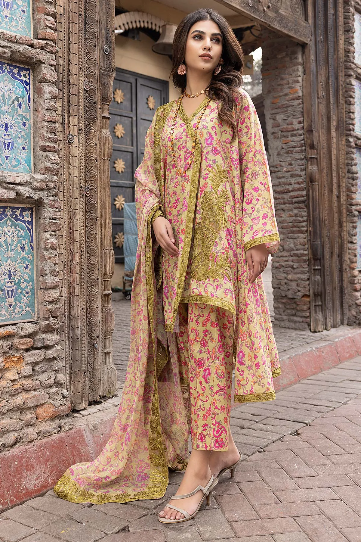 3-Pc Unstitched Printed Embroidered Lawn Suit With Embroidered Chiffon Dupatta CRB23-07