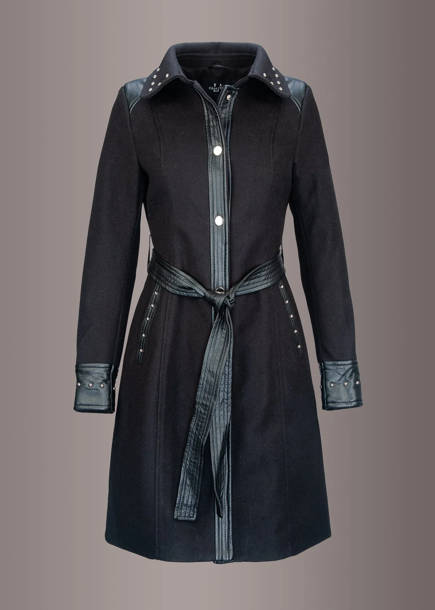 Belted Studded Coat with Faux Leather Trim