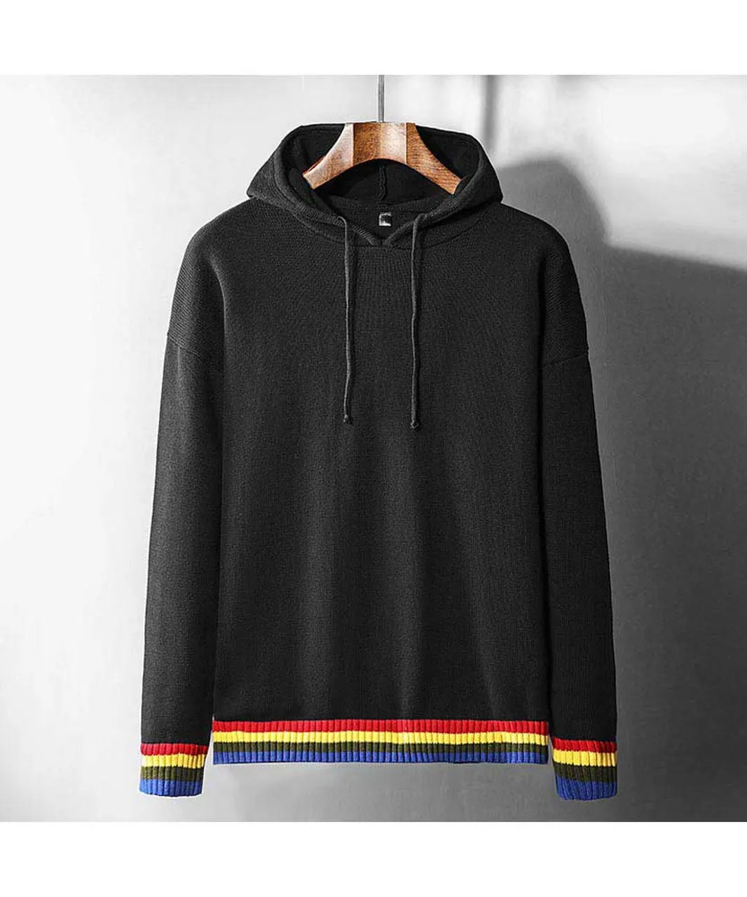 Black multi color stripe hem pull over hoodies