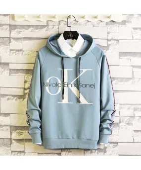 Blue OK letter pattern print pull over hoodies