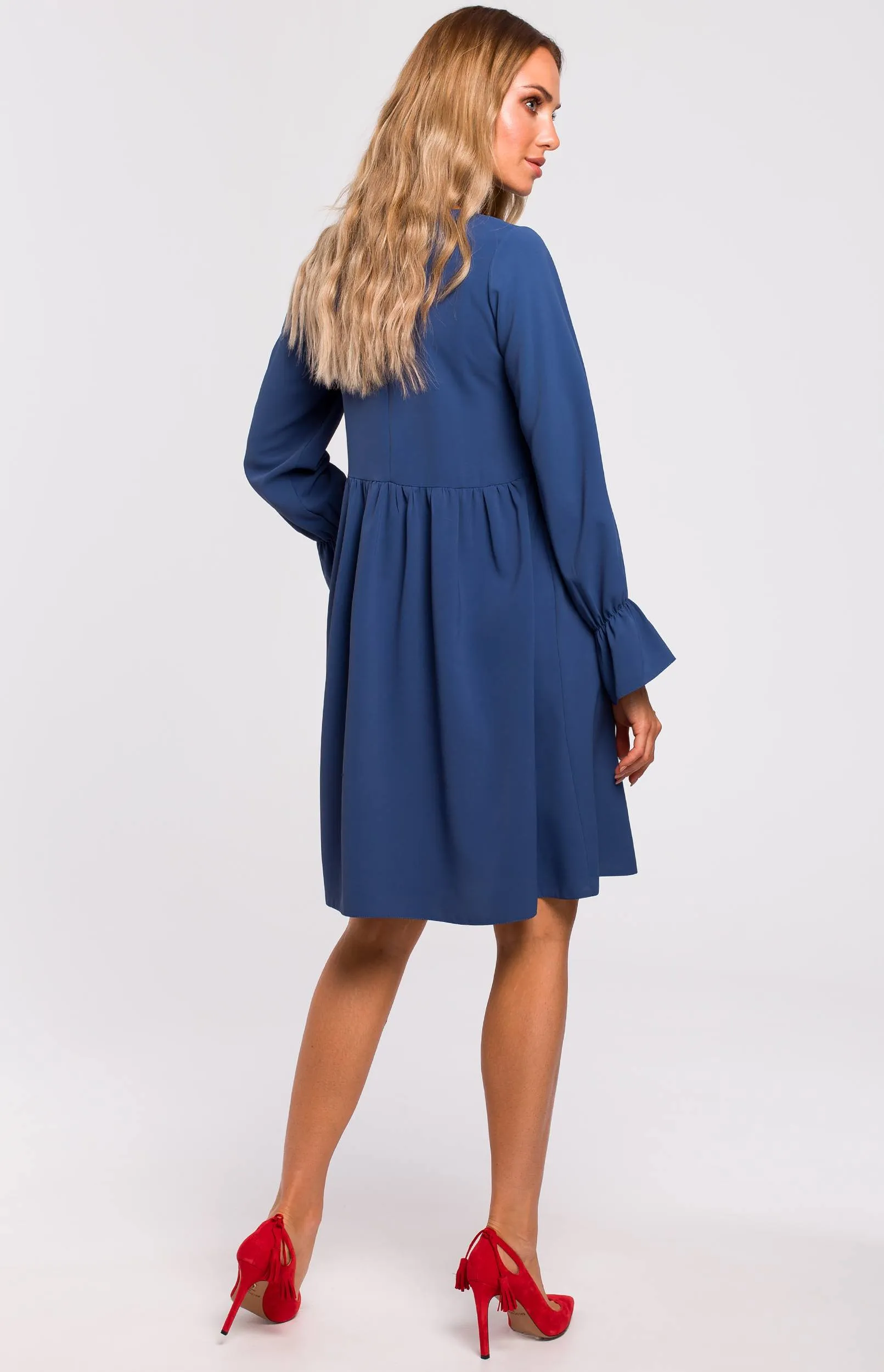 Blue shift dress with ruggled sleeves