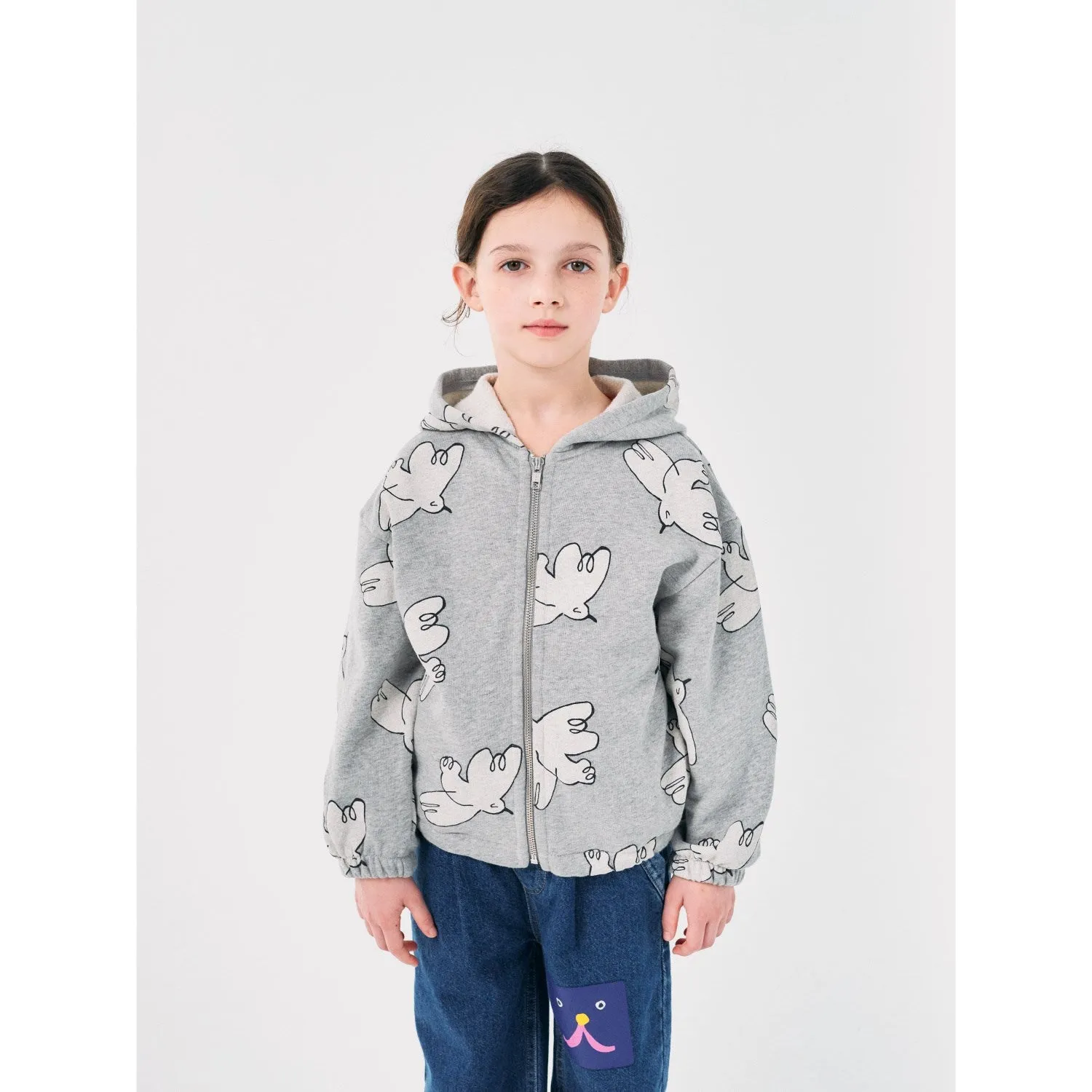 Bobo Choses Light Heather Grey Freedom Bird All Over Zipped Hoodie