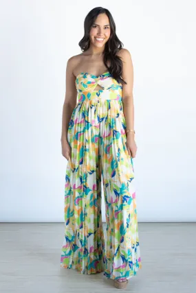 Chasing the Sunshine Ivory Blue Strapless Jumpsuit