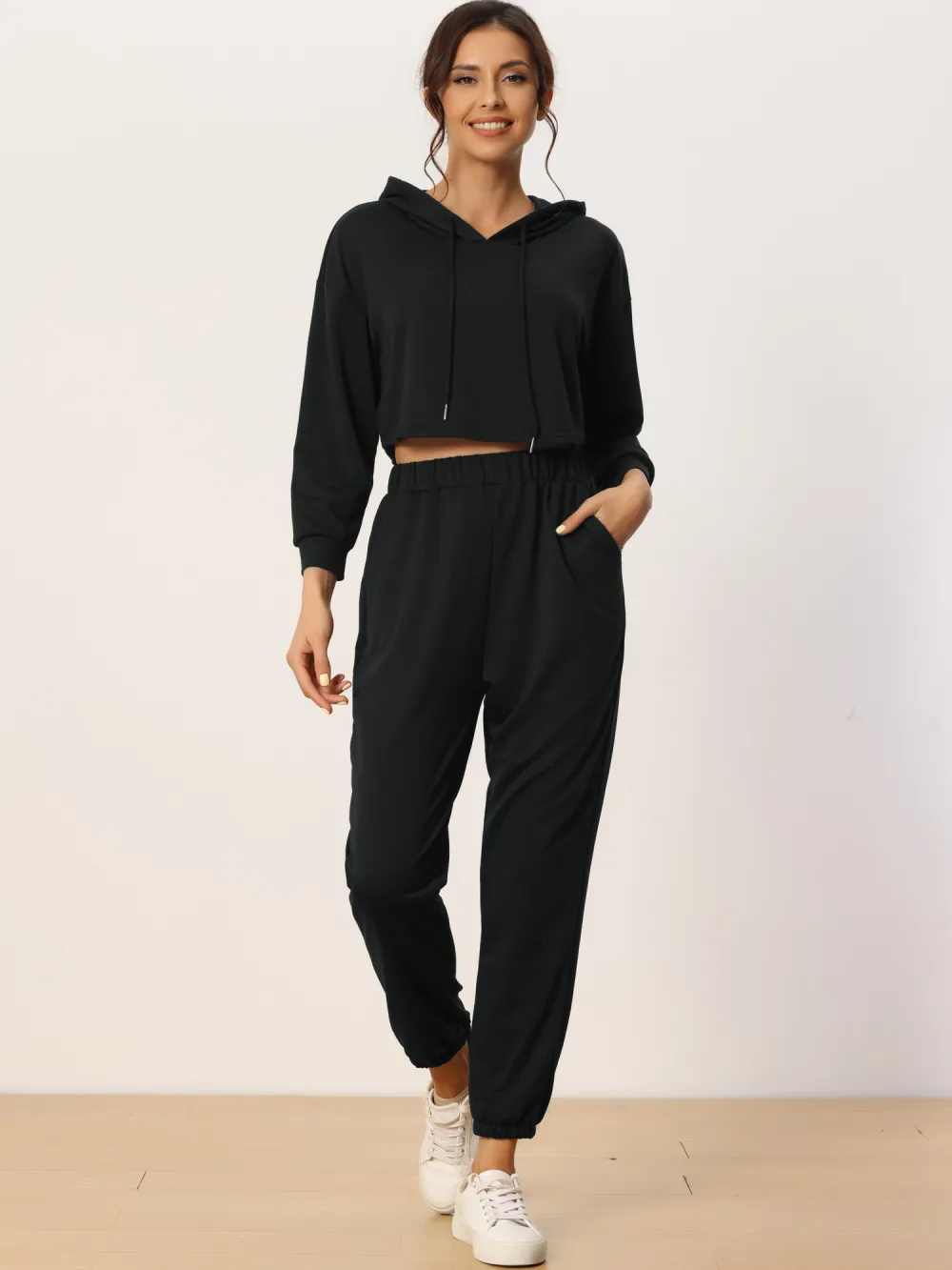 cheibear - Crop Hoodies Long Jogger Loungwear Set