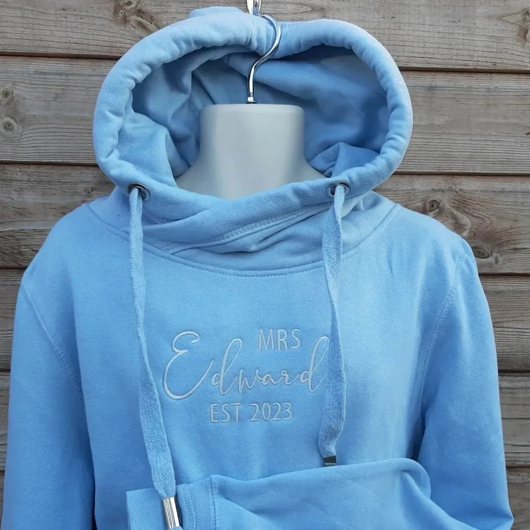 Crossover Neck Hoodie with Mr/Mrs Est. Slogan | The Personalisation Company | Unique & Affordable Personalised Gifts