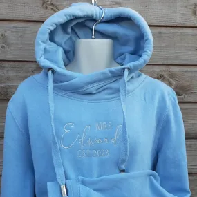 Crossover Neck Hoodie with Mr/Mrs Est. Slogan | The Personalisation Company | Unique & Affordable Personalised Gifts