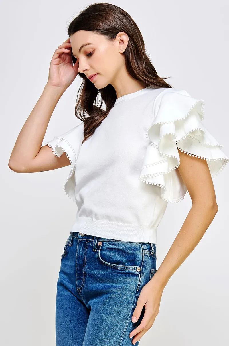 Double Layer PomPom Short Sleeve Knit Top