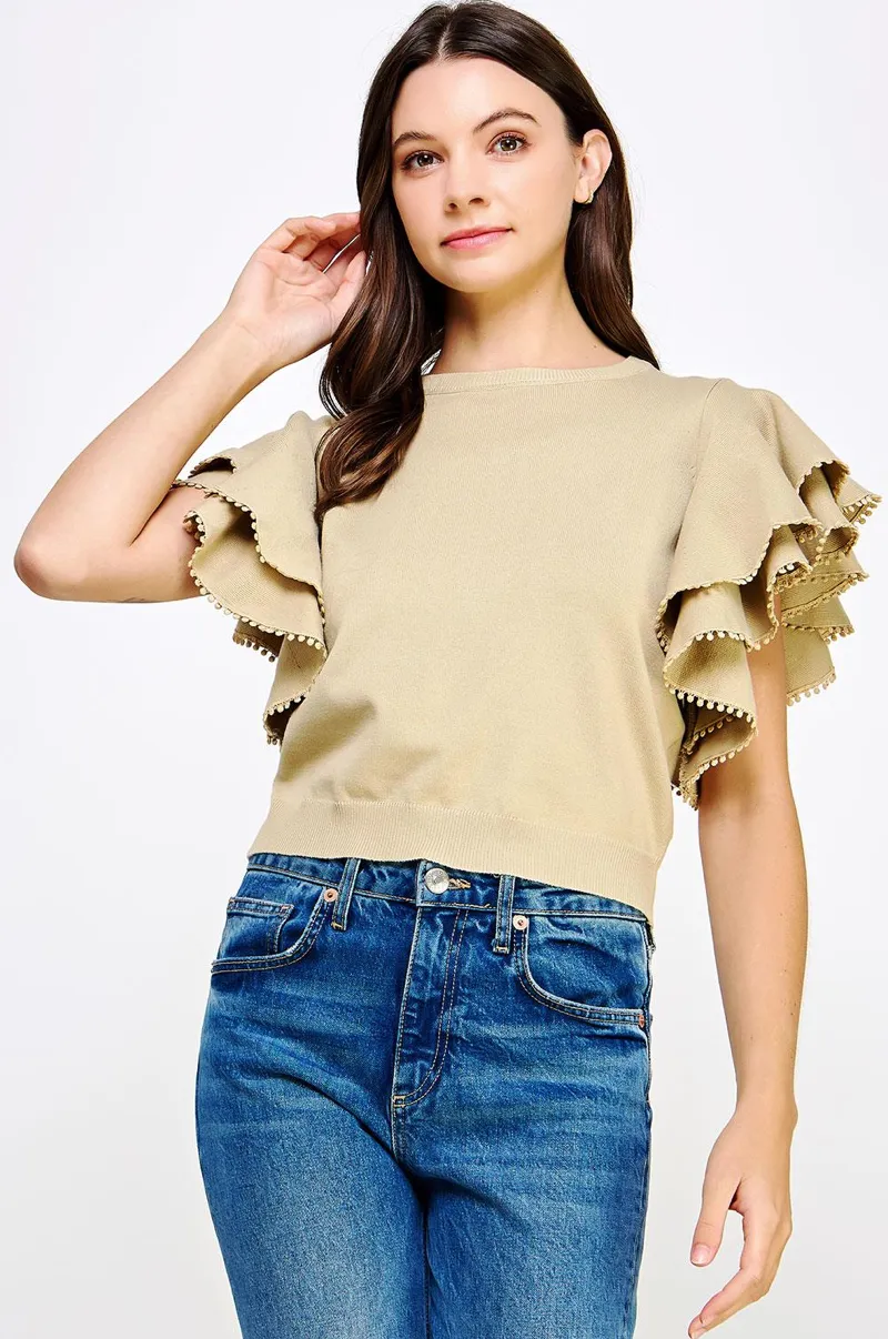 Double Layer PomPom Short Sleeve Knit Top