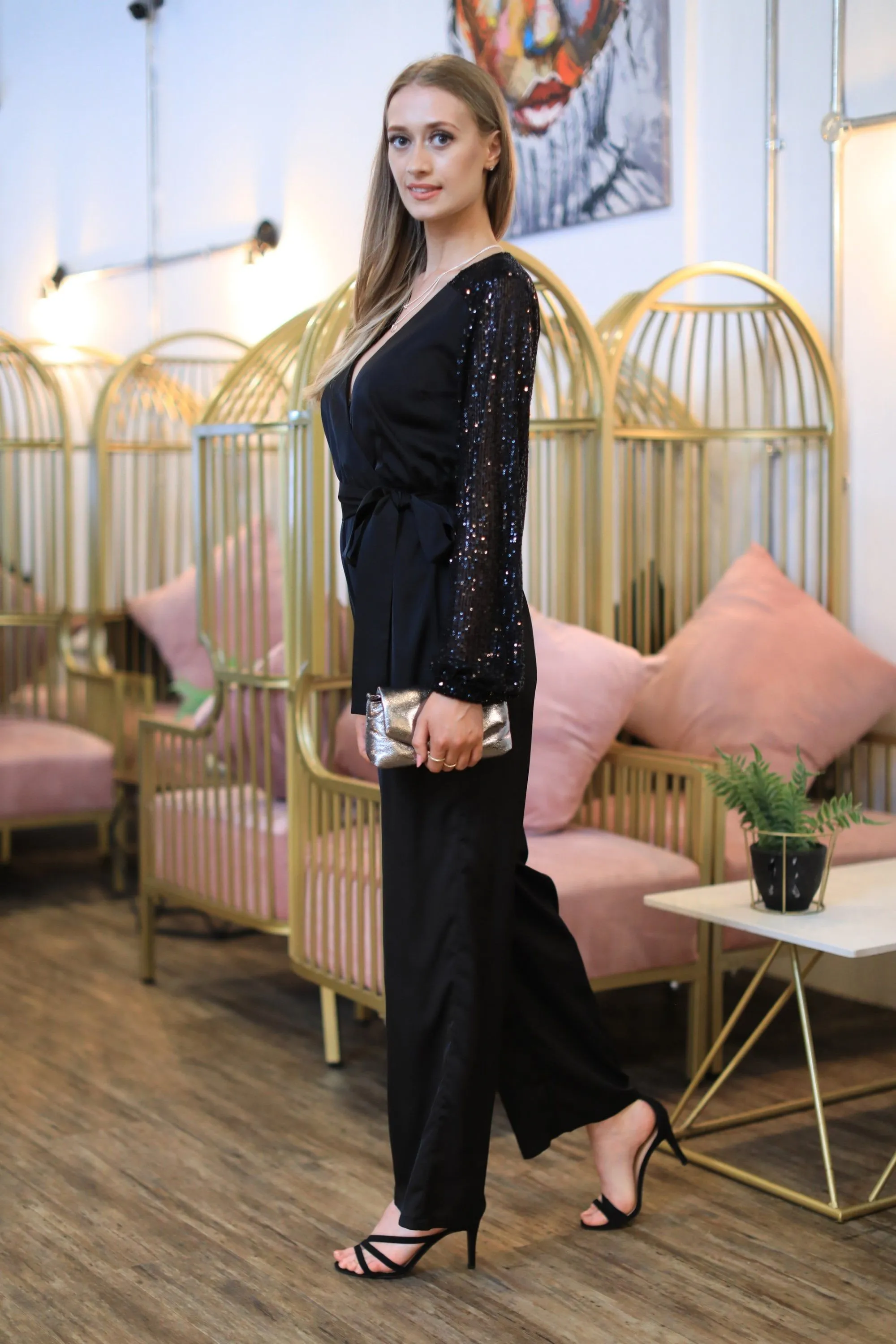 Double Second Black Jumpsuit With Sequin Sleeves