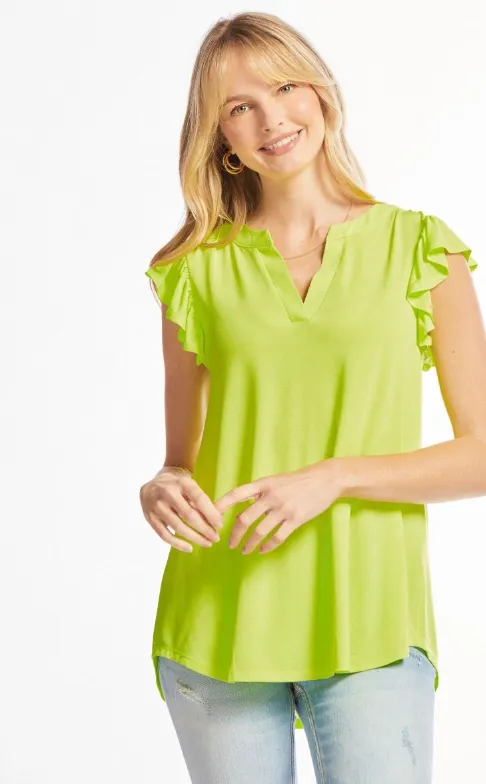 Figure It Out Ruffle Sleeve Top - Neon Green