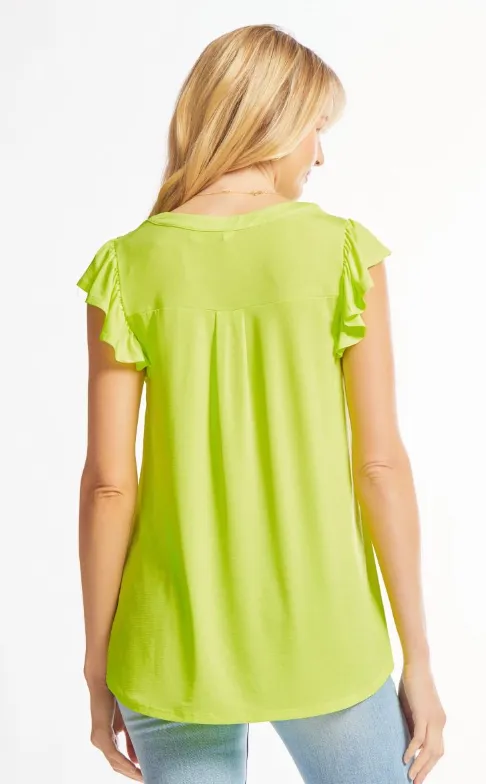 Figure It Out Ruffle Sleeve Top - Neon Green