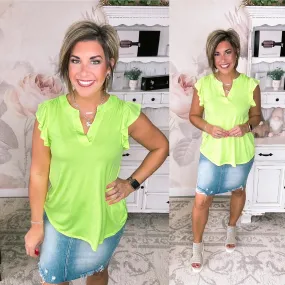 Figure It Out Ruffle Sleeve Top - Neon Green