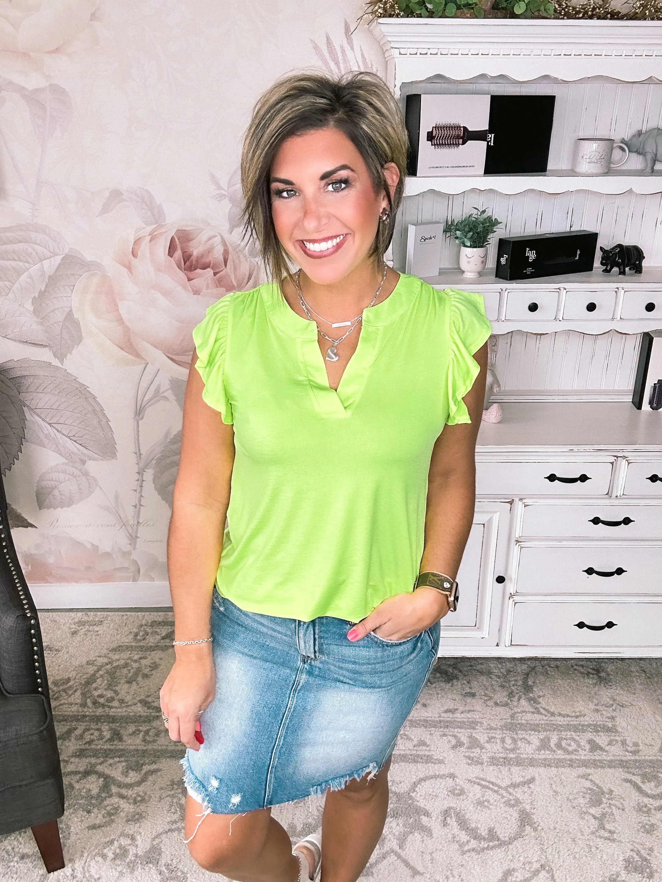 Figure It Out Ruffle Sleeve Top - Neon Green