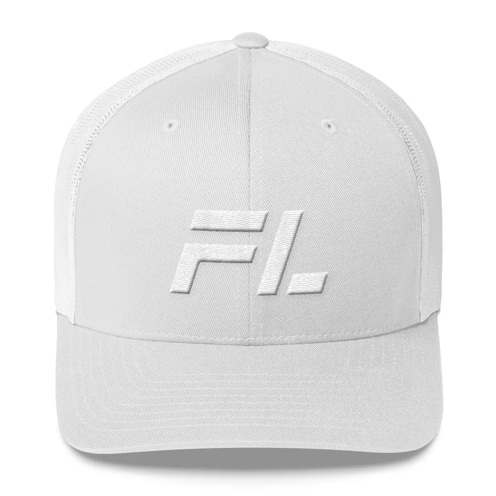 Florida - Mesh Back Trucker Cap - White Embroidery - FL - Many Hat Color Options Available