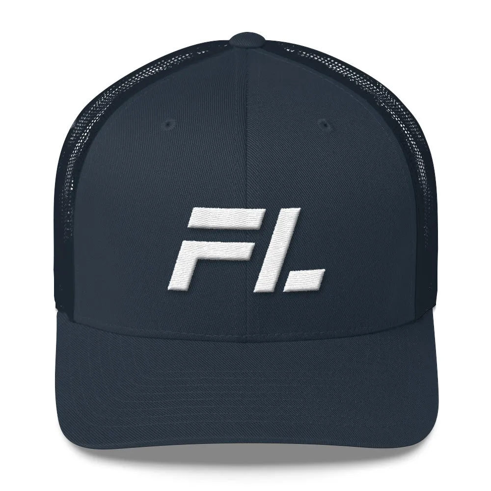 Florida - Mesh Back Trucker Cap - White Embroidery - FL - Many Hat Color Options Available