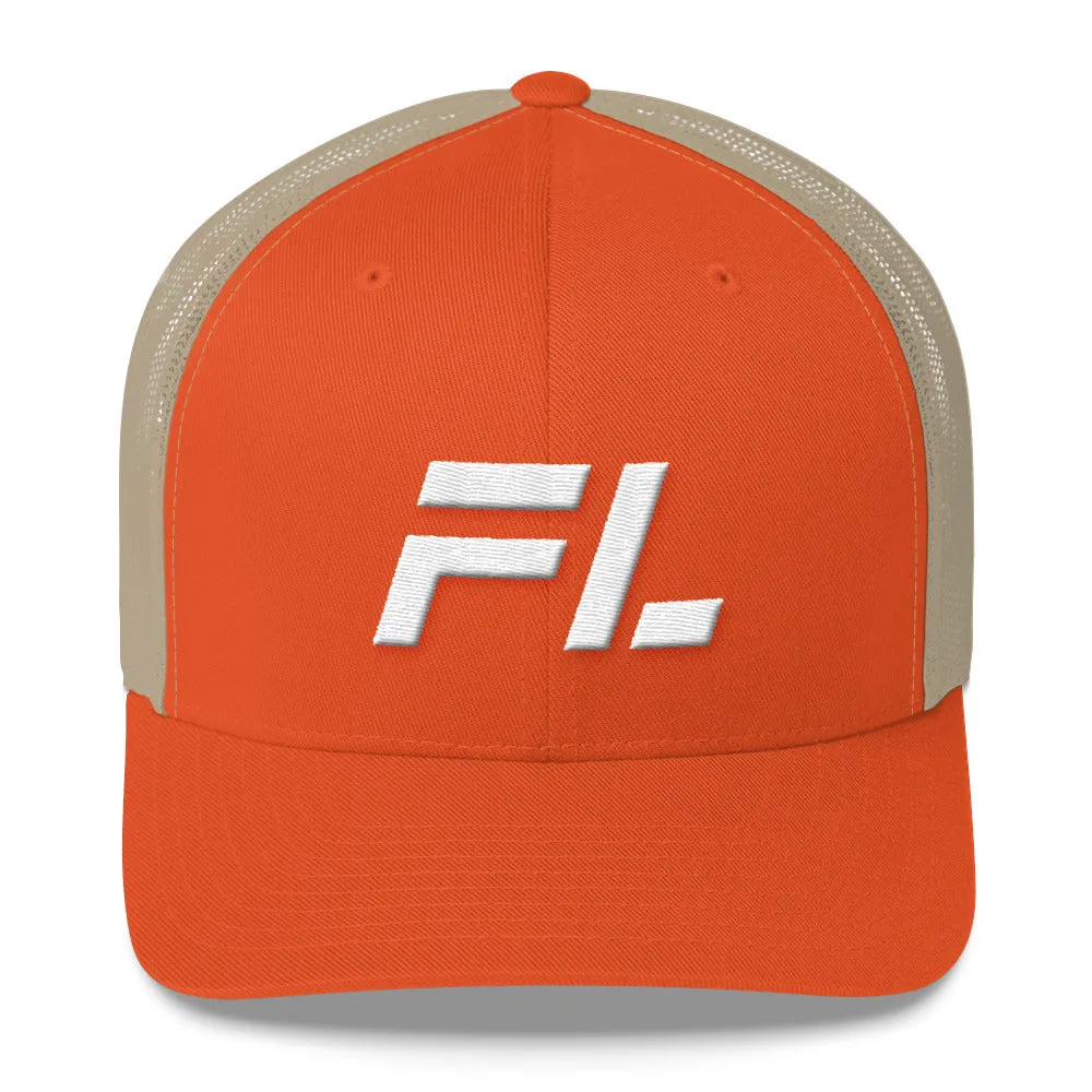 Florida - Mesh Back Trucker Cap - White Embroidery - FL - Many Hat Color Options Available