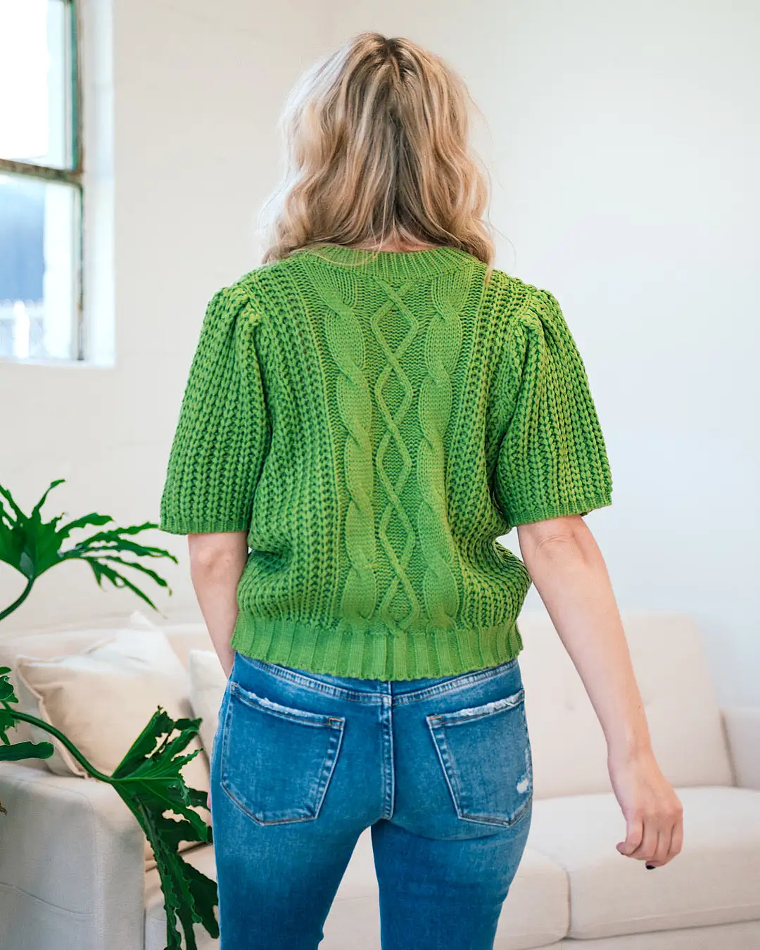 Gia Cable Knit Short Sleeve Sweater - Avocado