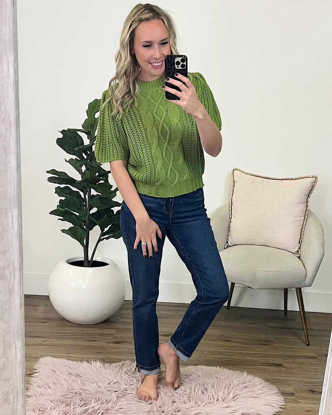 Gia Cable Knit Short Sleeve Sweater - Avocado