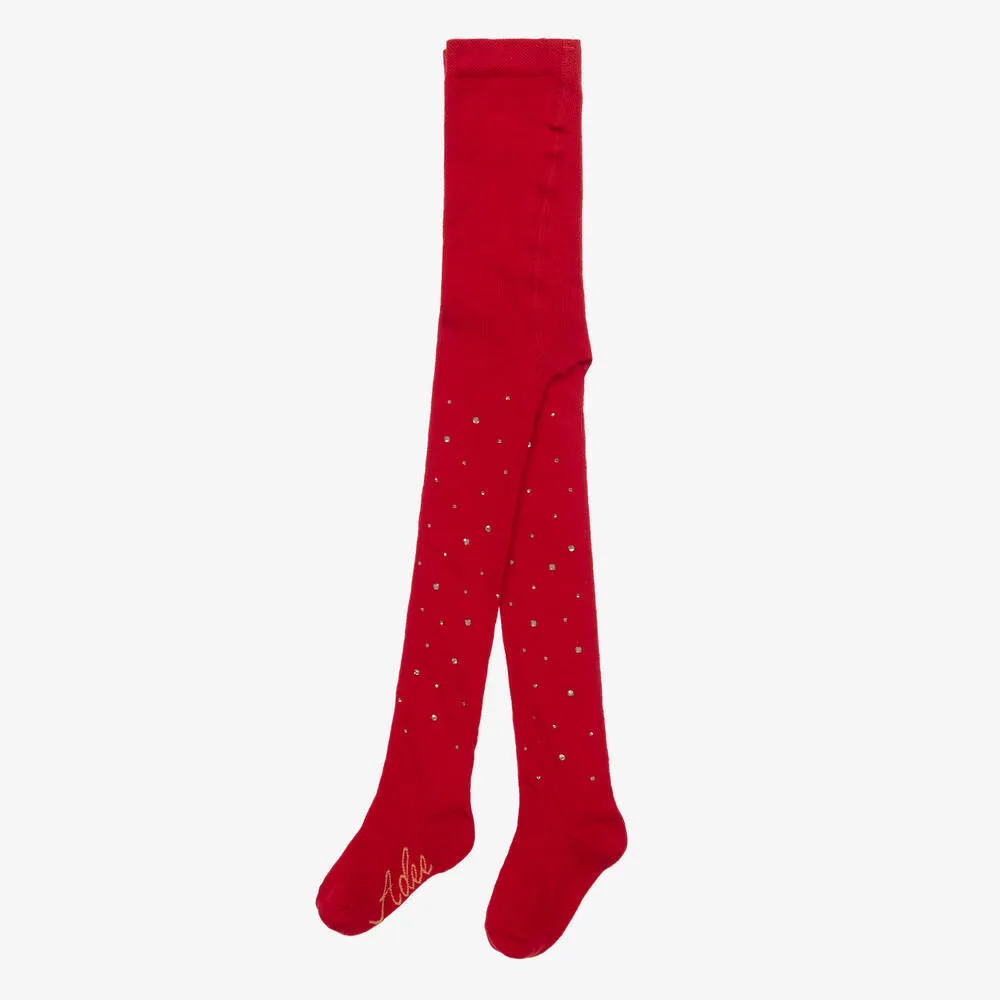 Girls Red Cotton Diamanté Tights