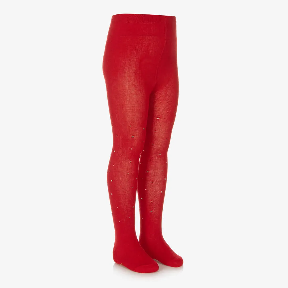 Girls Red Cotton Diamanté Tights