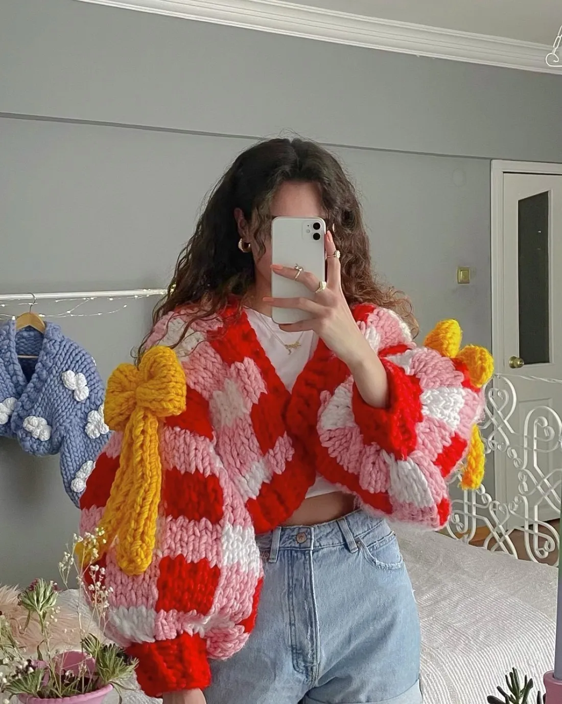 heyays  |Gingham Casual Style Wool Dolman Sleeves Handmade Oversized