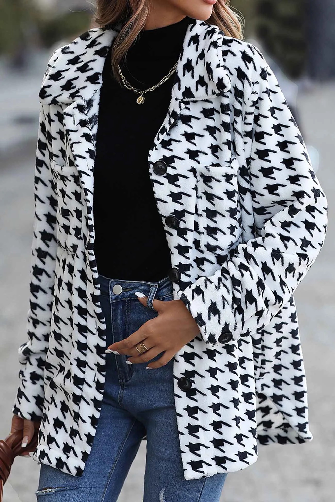 Houndstooth Long Sleeve Plush Jacket