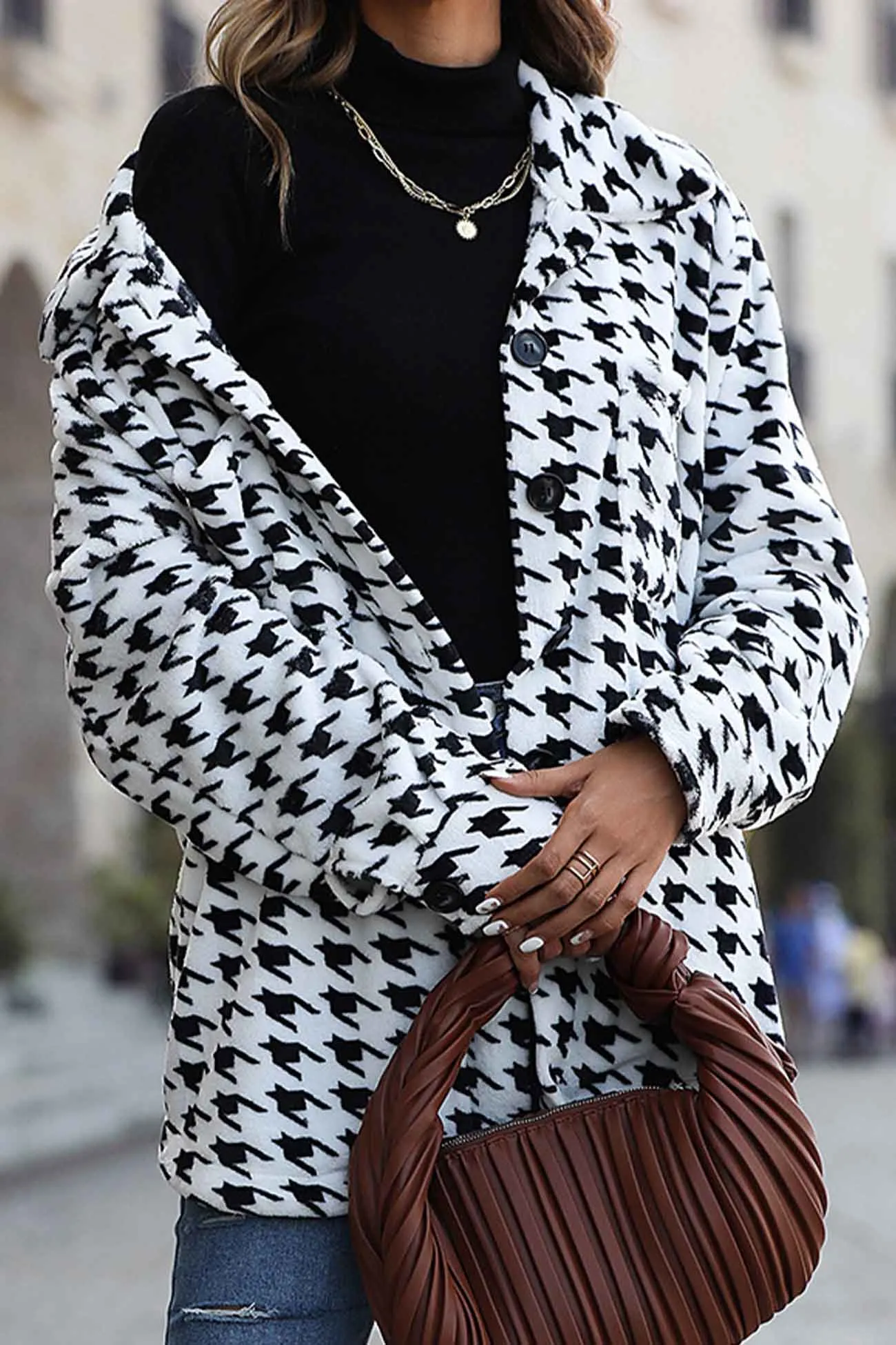 Houndstooth Long Sleeve Plush Jacket