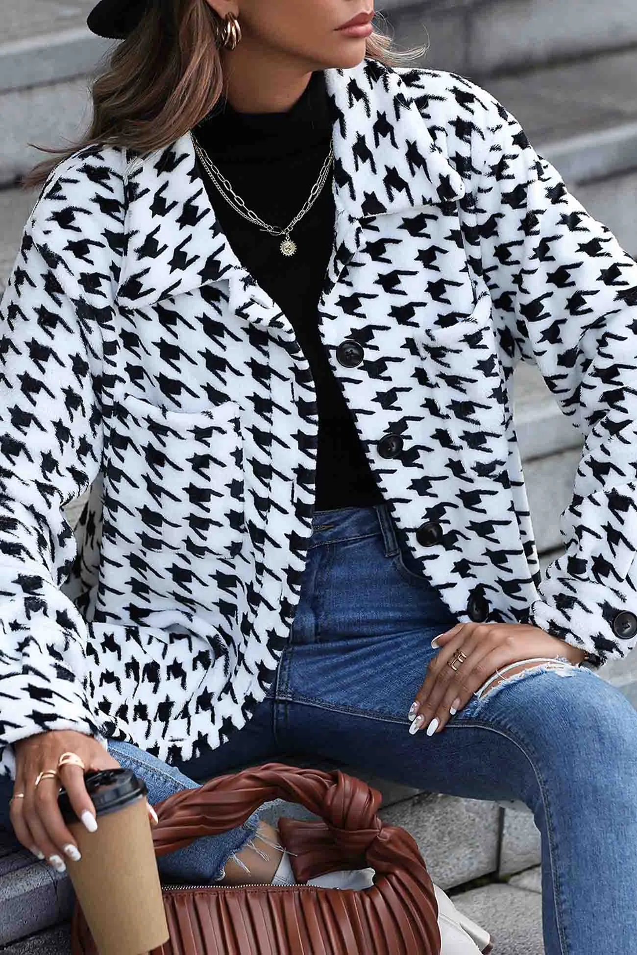 Houndstooth Long Sleeve Plush Jacket