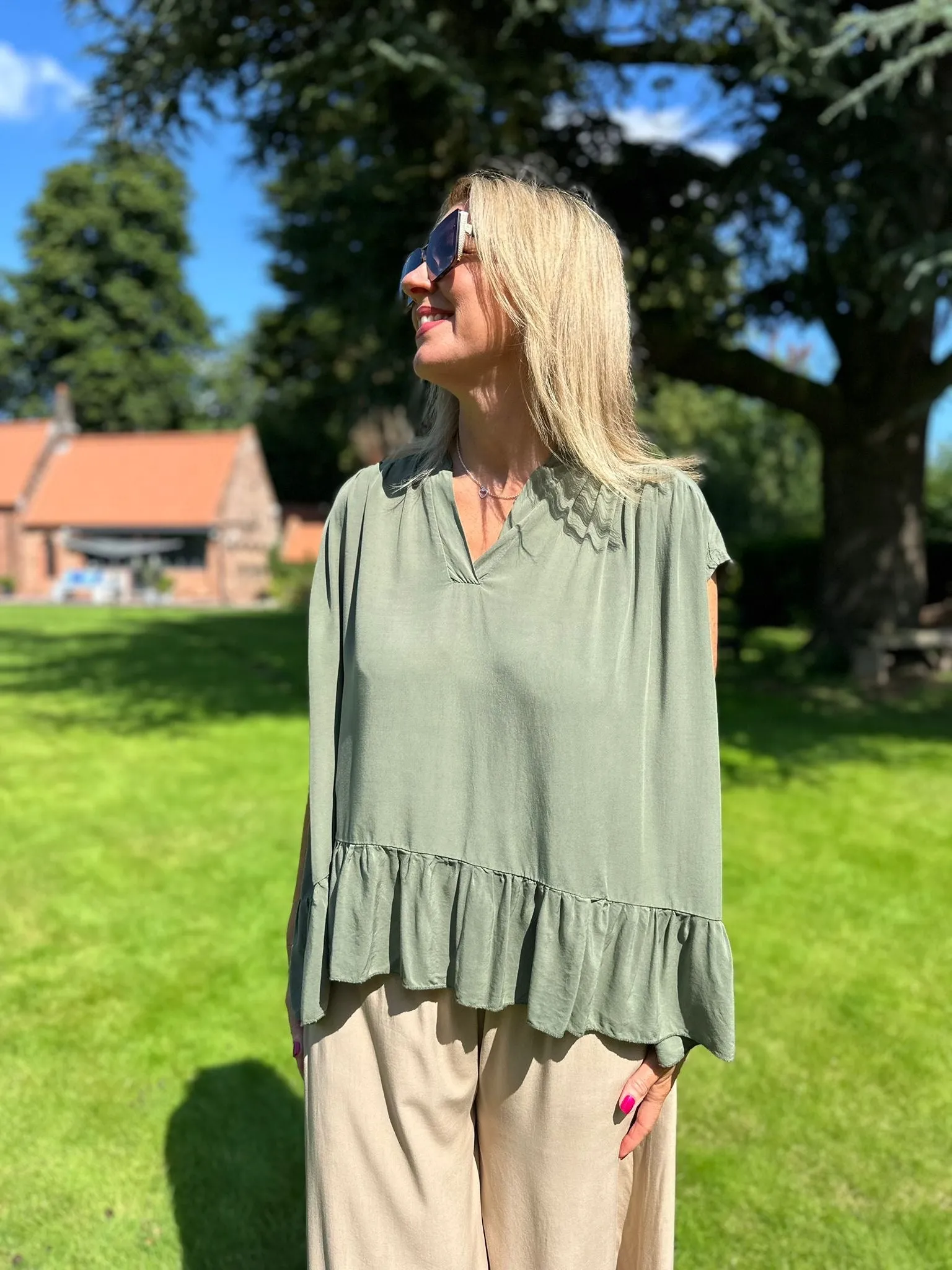 Khaki Frill Hem Detail Blouse Lesley