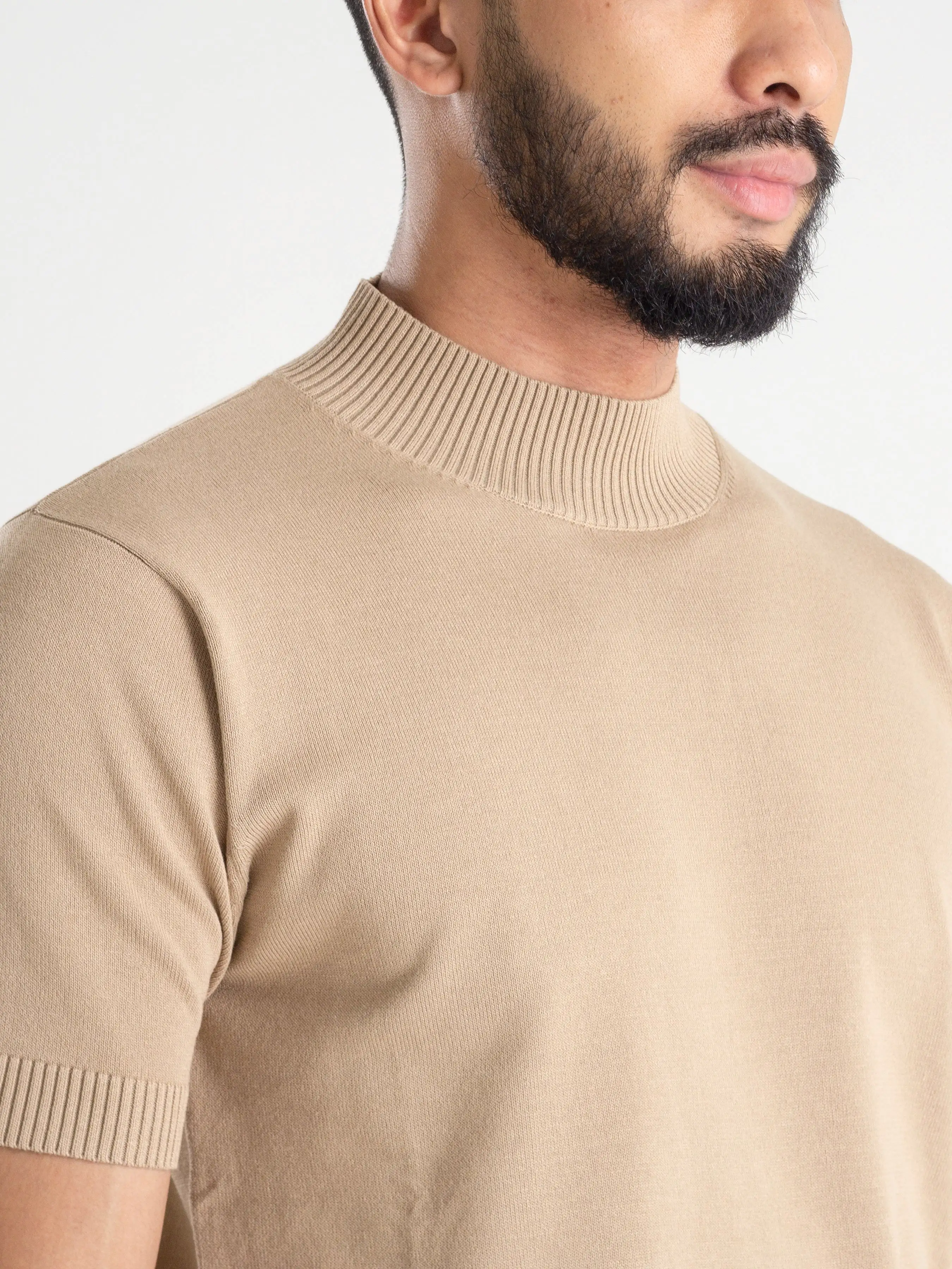 Knit Tee Ribbed Collar - Beige