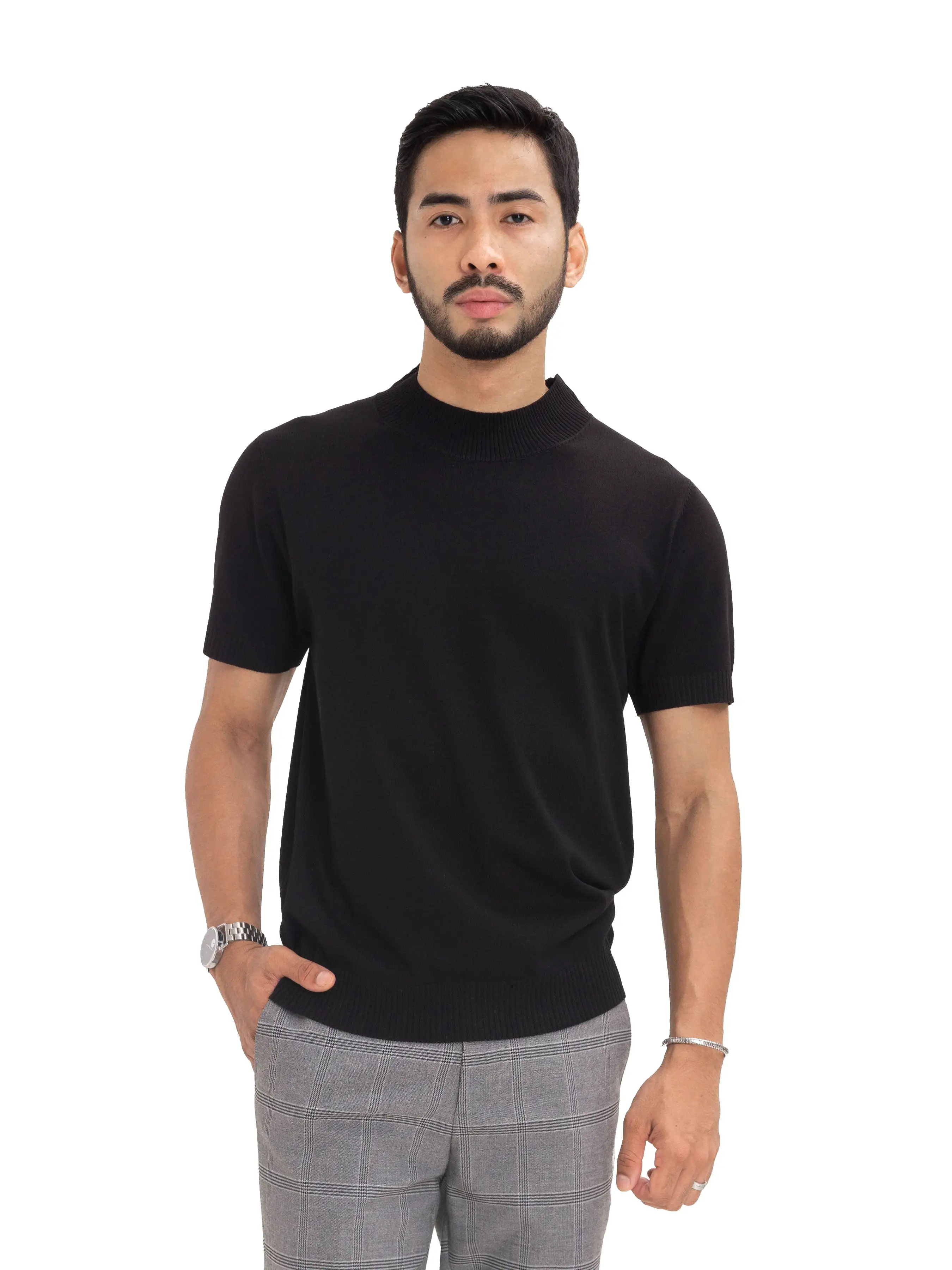 Knit Tee Ribbed Collar - Black