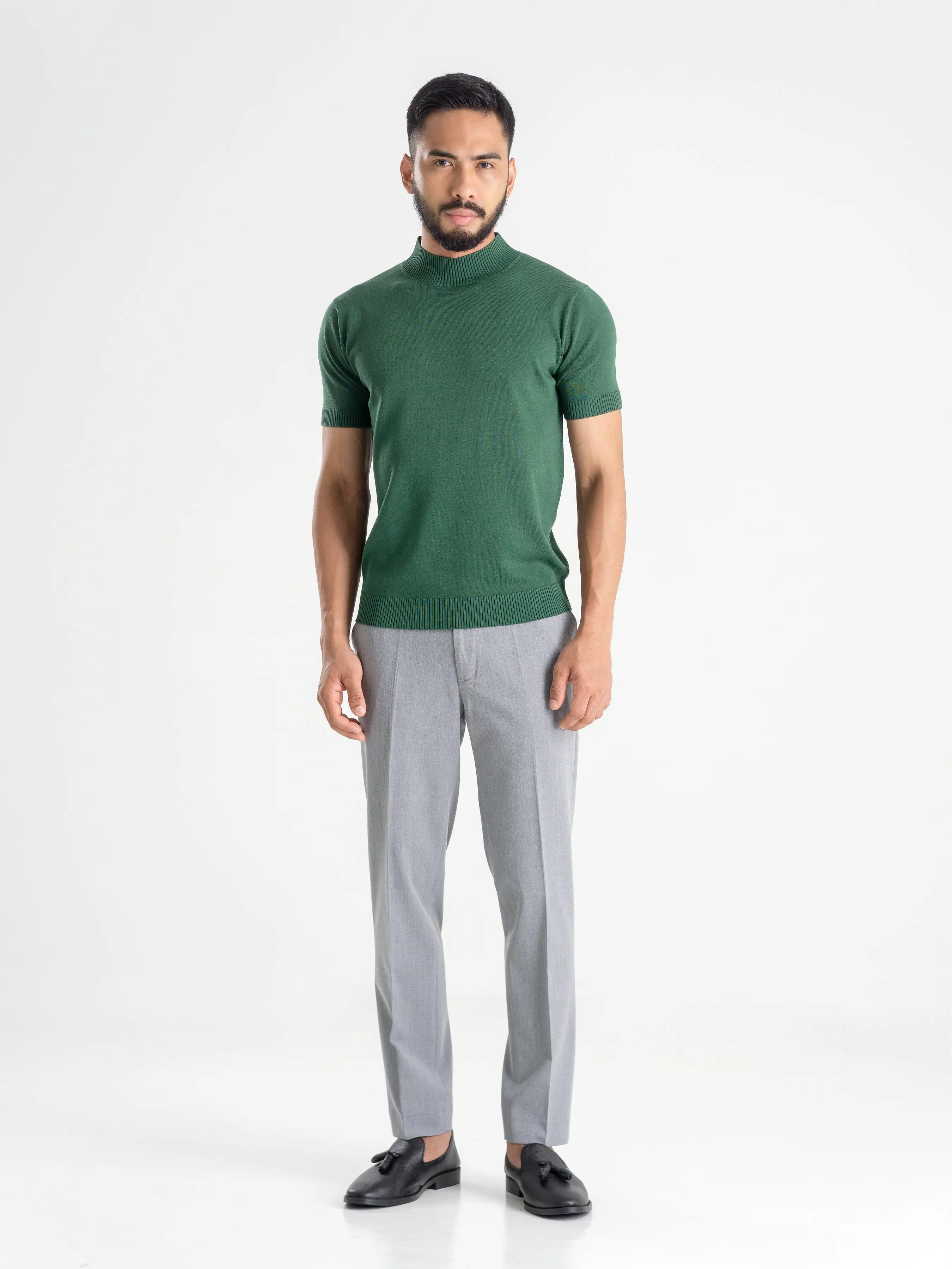 Knit Tee Ribbed Collar - Emerald Green