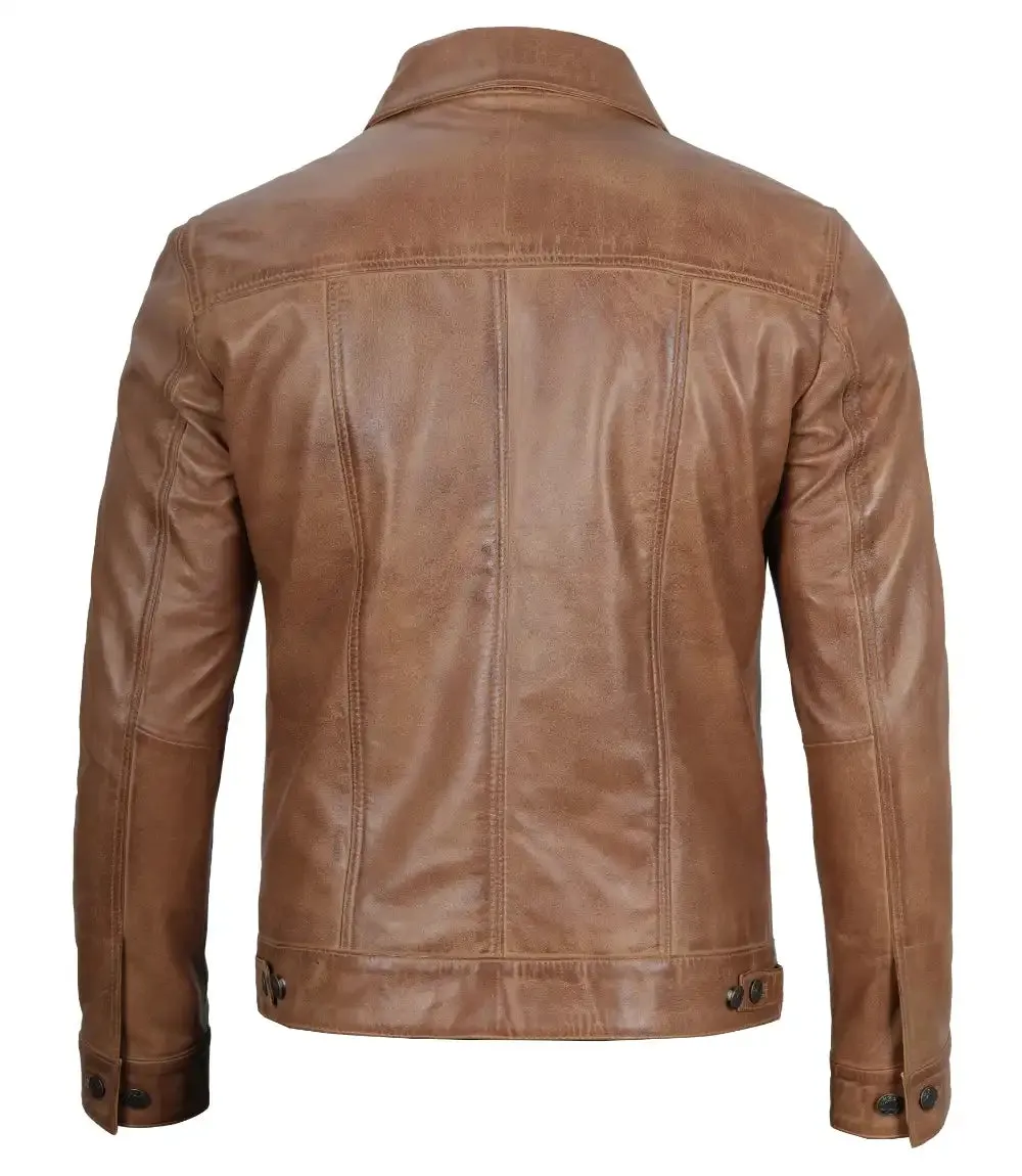 Men's Camel Brown Leather Trucker Jacket