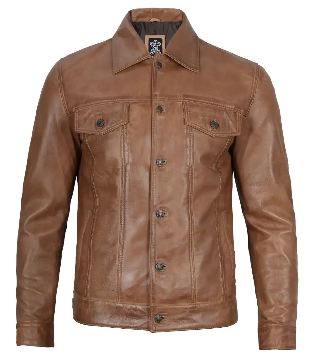 Men's Camel Brown Leather Trucker Jacket