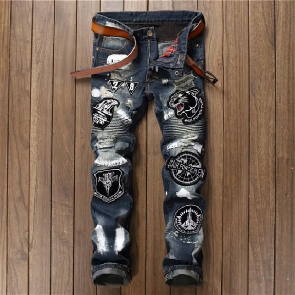 Men's Tiger Head Embroidered Mid Waist Slim Casual Straight Leg Jeans Pants