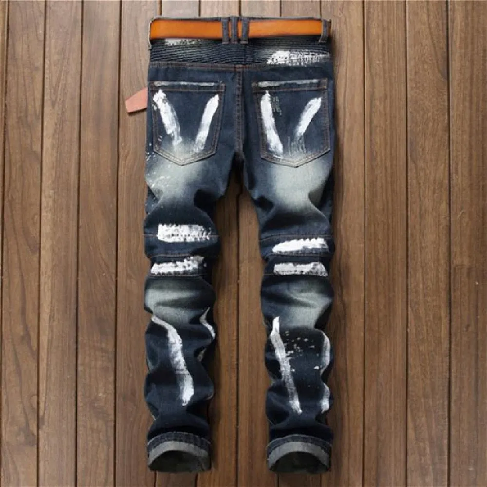 Men's Tiger Head Embroidered Mid Waist Slim Casual Straight Leg Jeans Pants