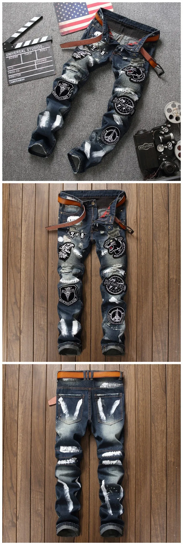 Men's Tiger Head Embroidered Mid Waist Slim Casual Straight Leg Jeans Pants