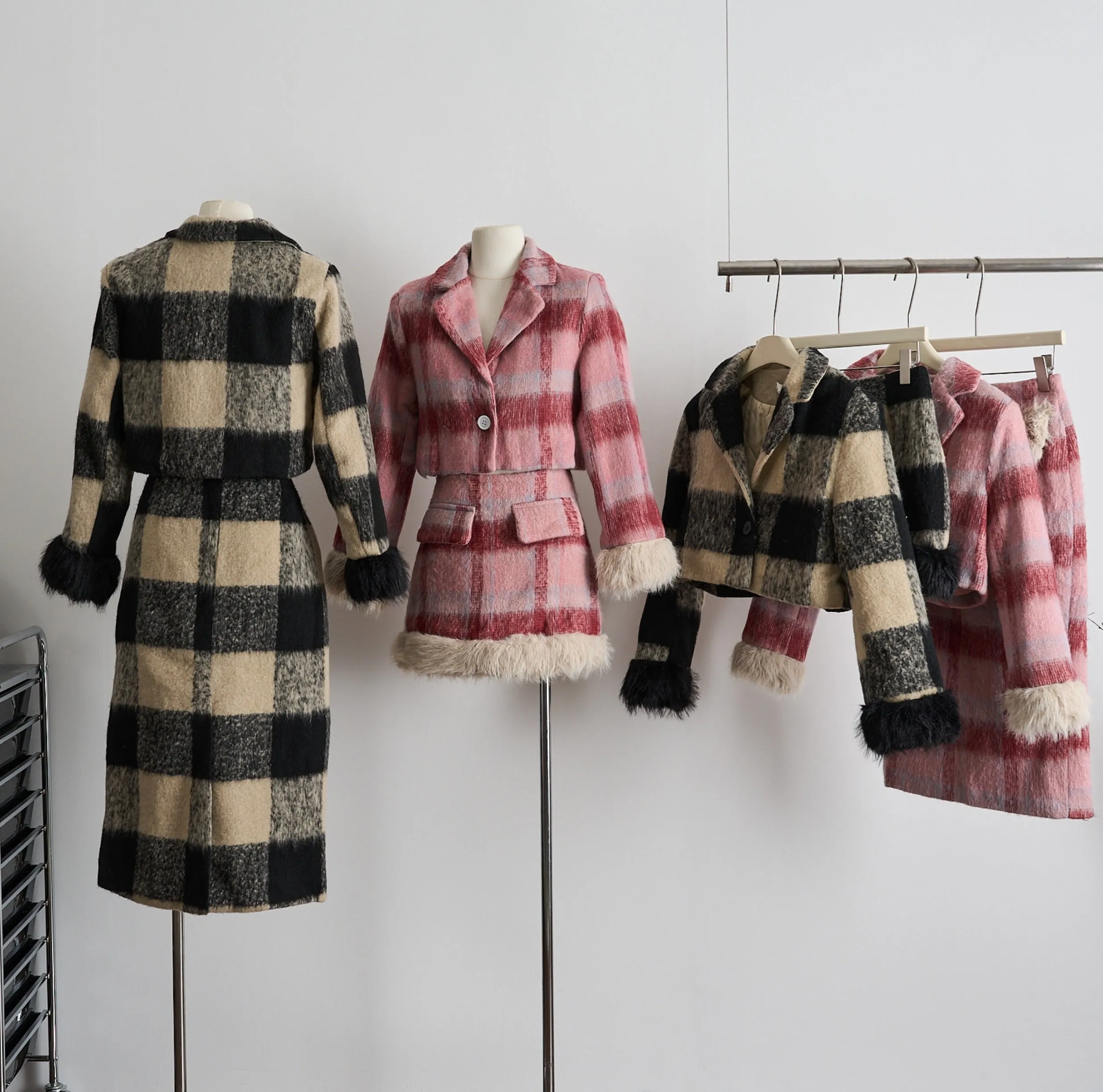 Monet Winter Hot Pink & Black Beige Plaid Jacket Skirt Two Piece Set