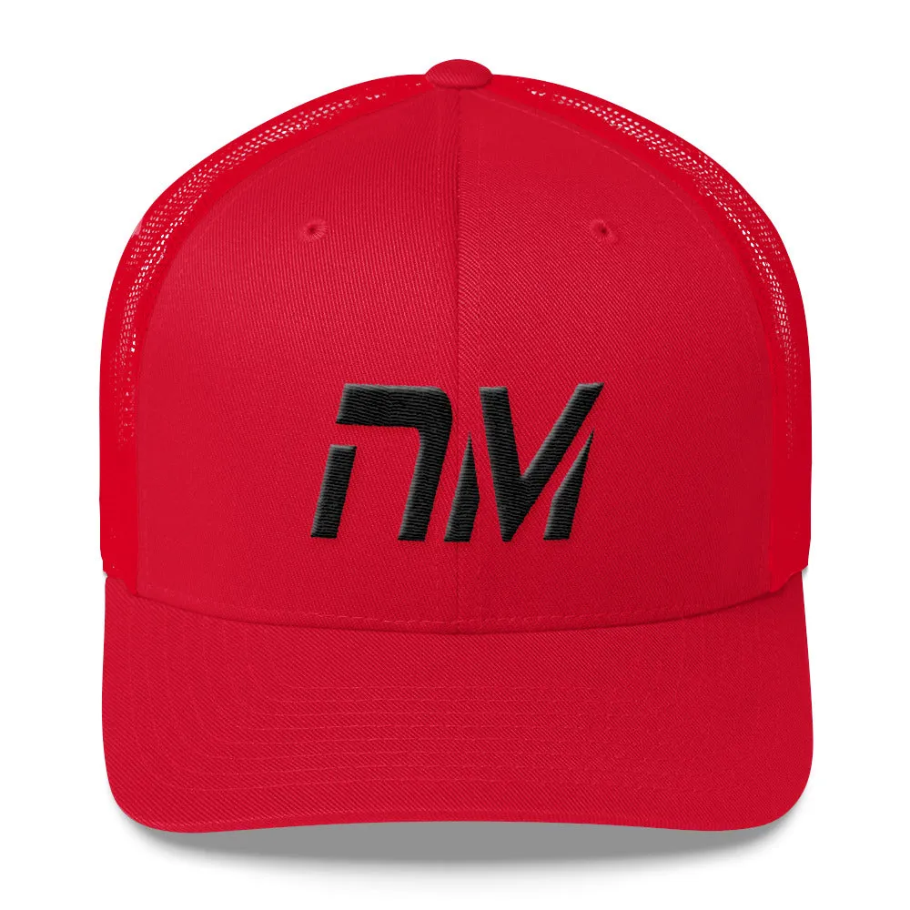 New Mexico - Mesh Back Trucker Cap - Black Embroidery - NM - Many Hat Color Options Available