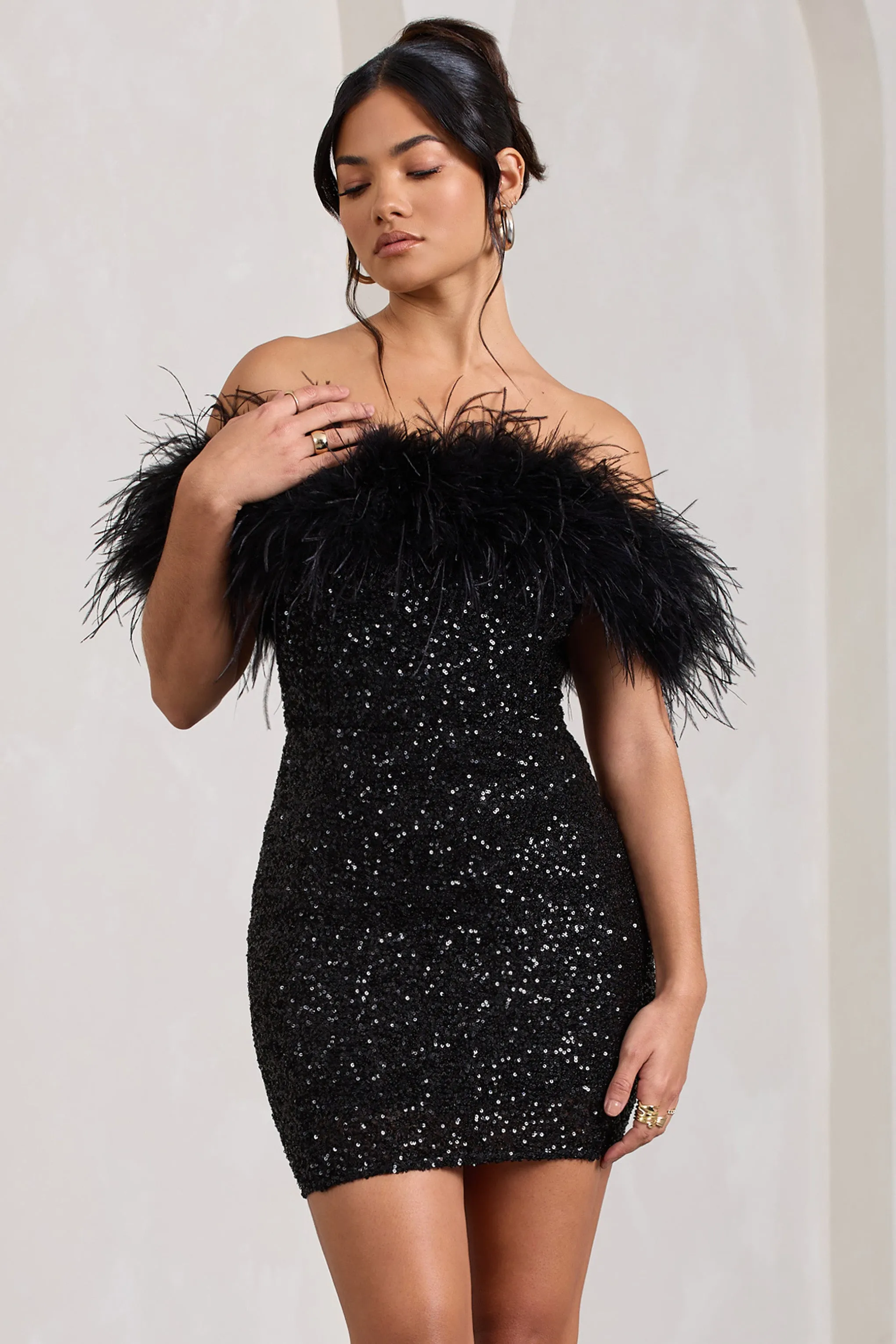 New Money | Black Bodycon Sequin Mini Dress With Feather Trim