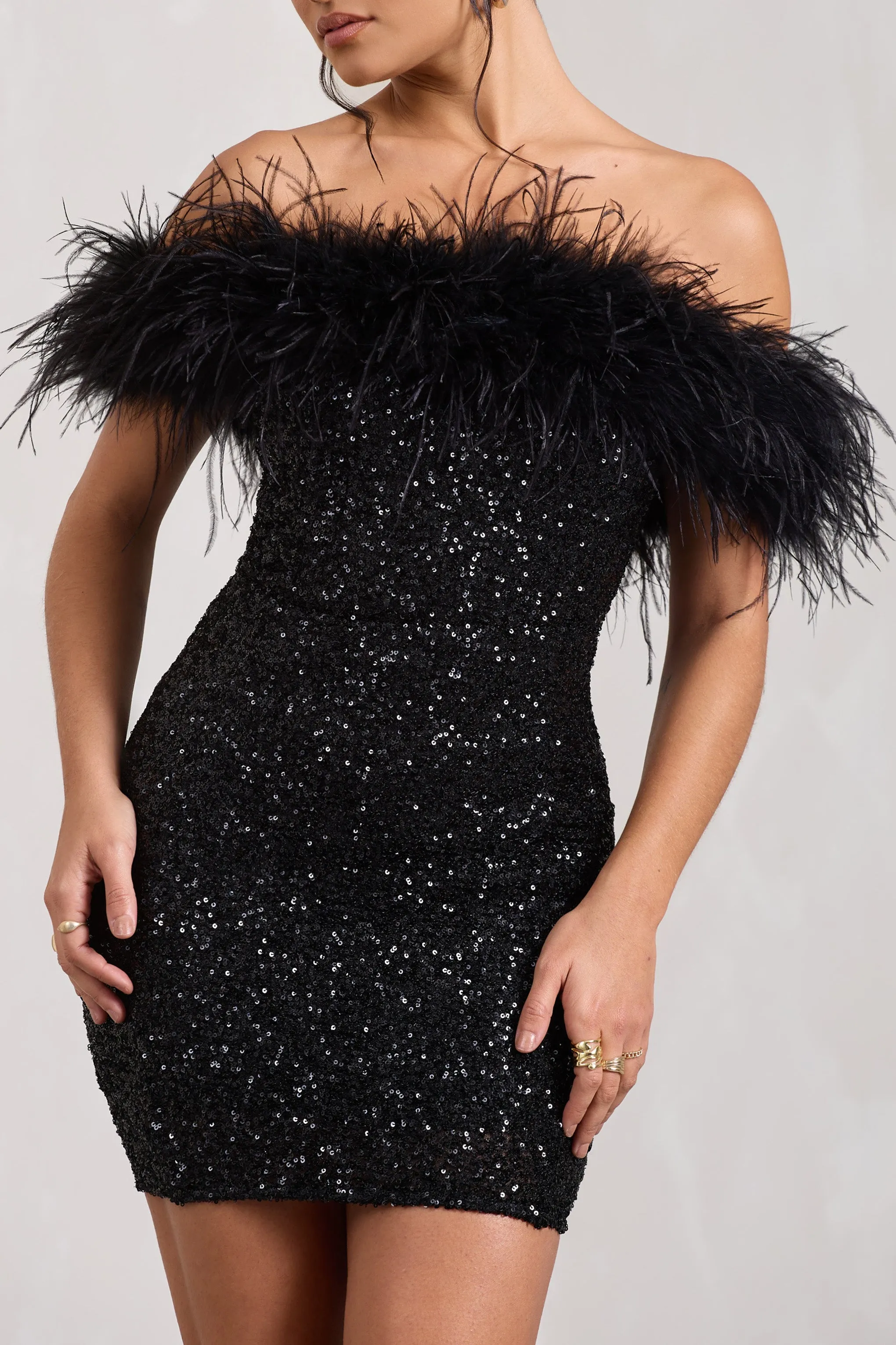 New Money | Black Bodycon Sequin Mini Dress With Feather Trim