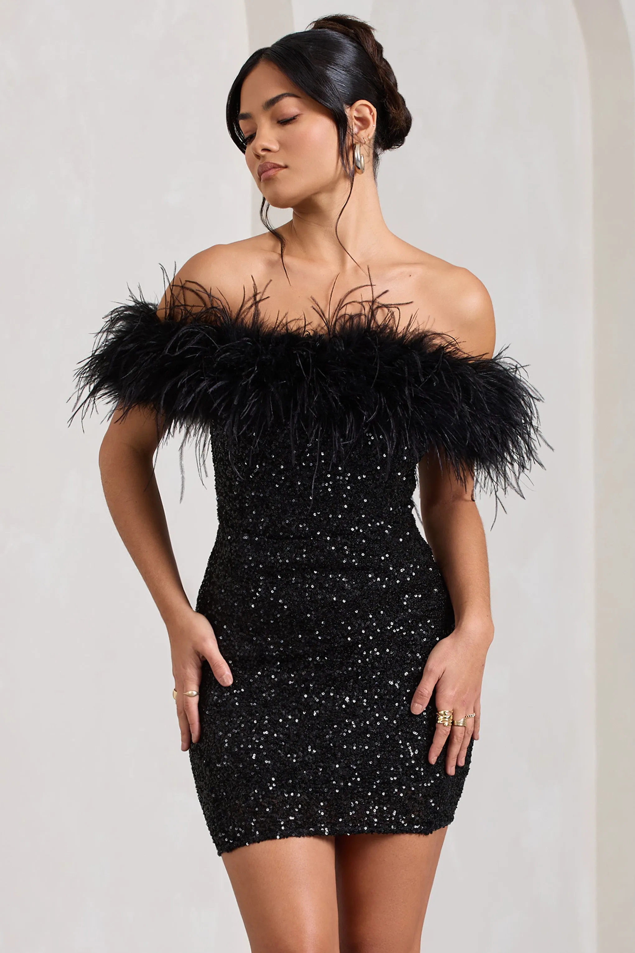 New Money | Black Bodycon Sequin Mini Dress With Feather Trim