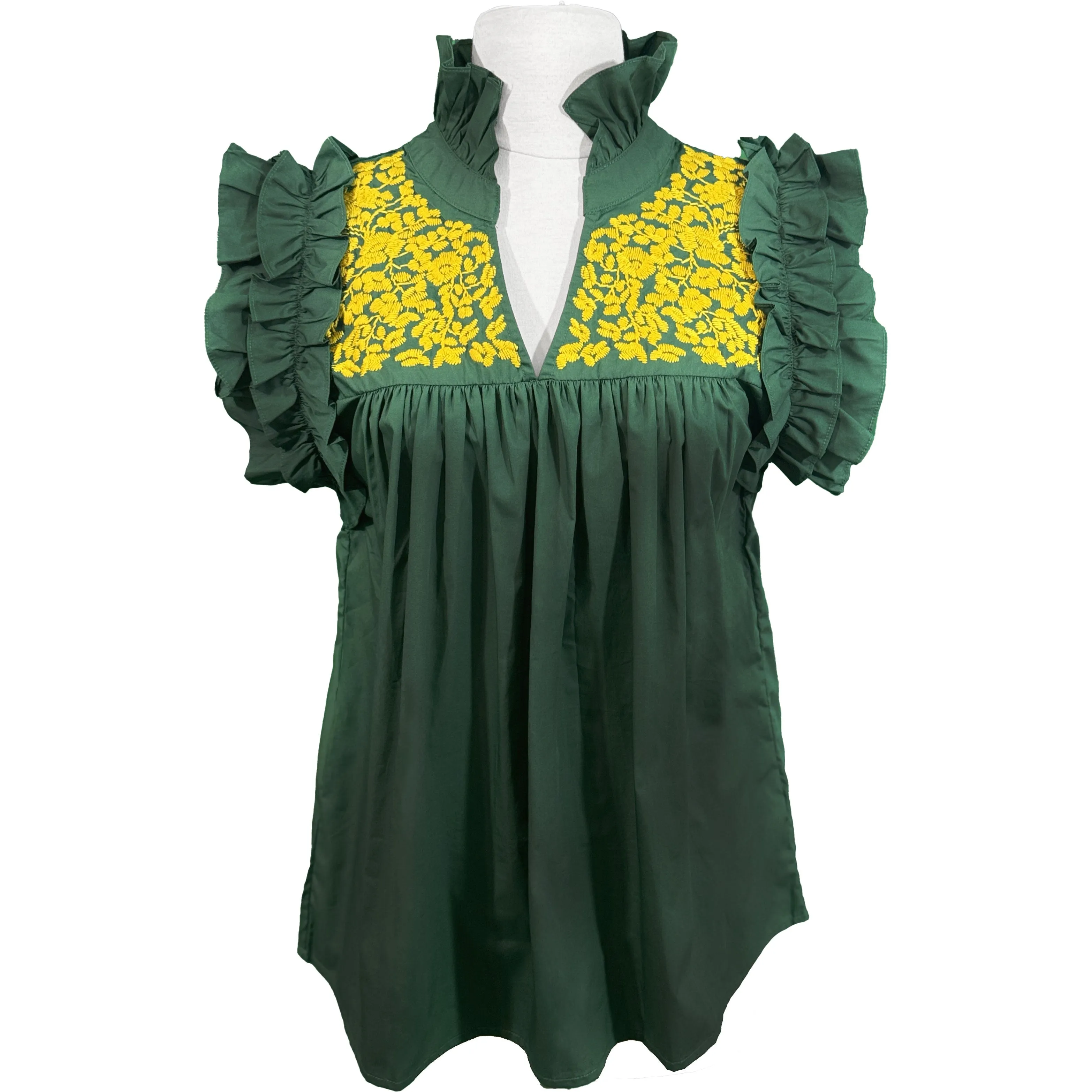 PRE-ORDER: Baylor Green + Gold Hummingbird Blouse (late August ship date)