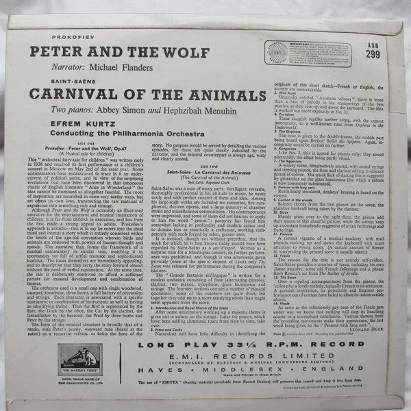 Sergei Prokofiev, Camille Saint-Sans - Efrem Kurtz Conducting The Philharmonia Orchestra ~ Peter And The Wolf / Carnival Of The 