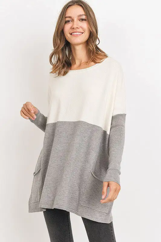 Soft Knit Oversized Sweater Top- Ivory/Grey