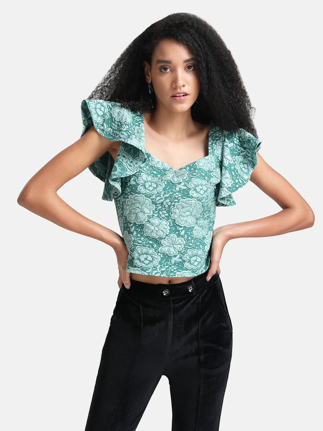 Tonal Jacquard Crop Top With Flutter Sleeves