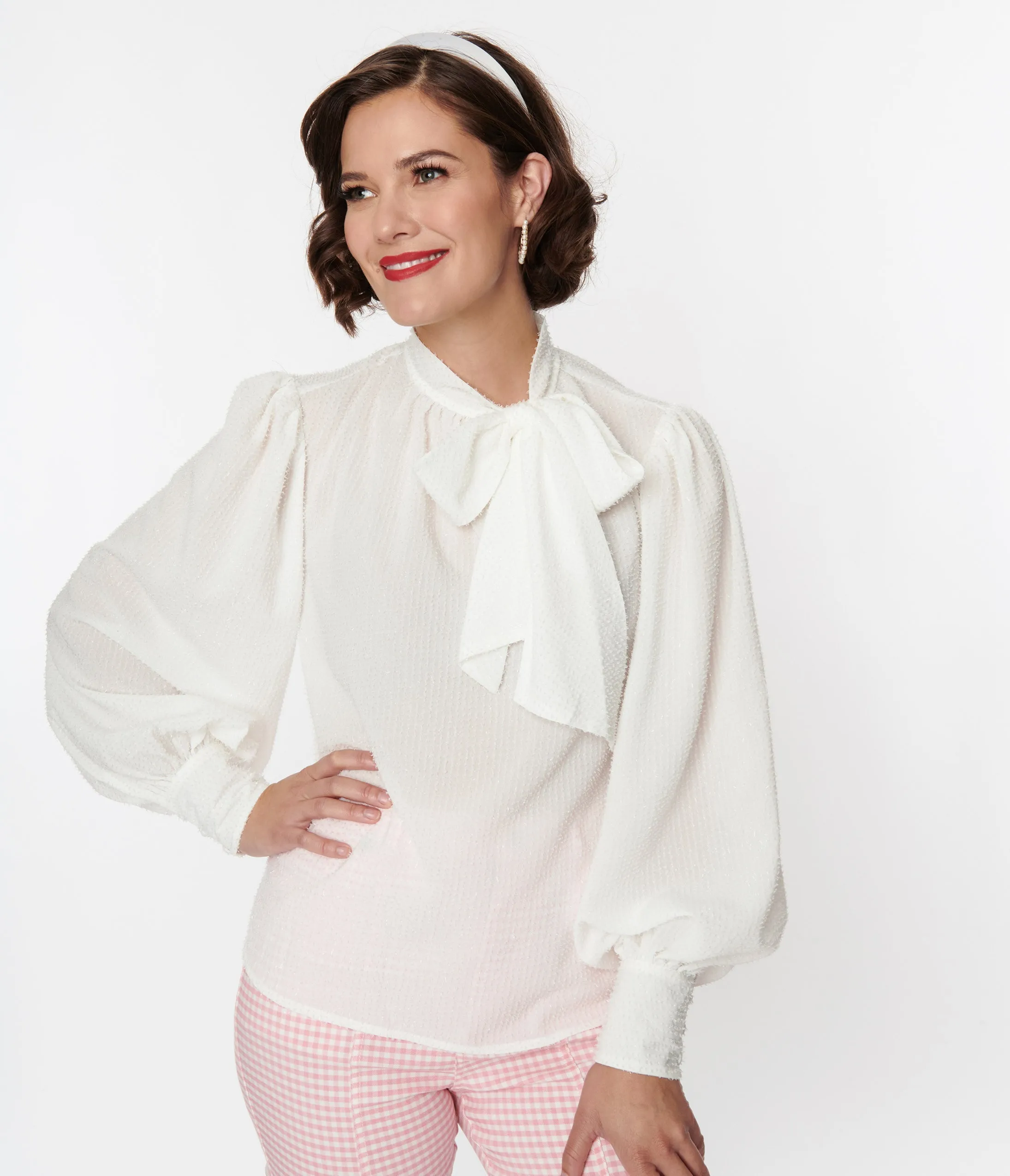 Unique Vintage 1940s White Clip Dot Long Sleeve Bow Blouse