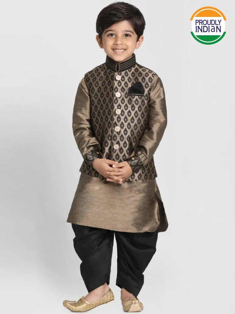 VASTRAMAY Boys' Gold Cotton Silk Blend Ethnic Jacket, Kurta and Dhoti Pant Set