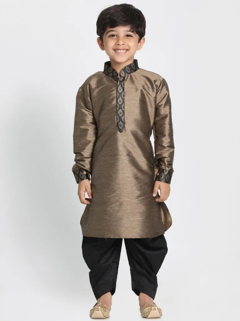 VASTRAMAY Boys' Gold Cotton Silk Blend Ethnic Jacket, Kurta and Dhoti Pant Set