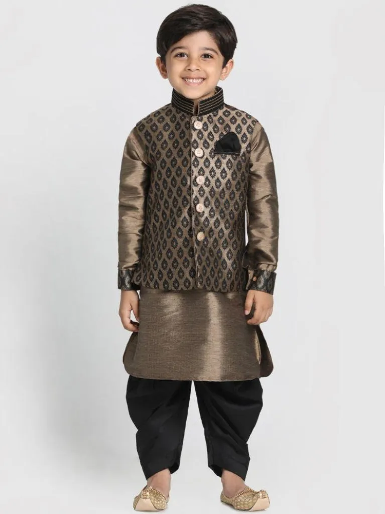 VASTRAMAY Boys' Gold Cotton Silk Blend Ethnic Jacket, Kurta and Dhoti Pant Set